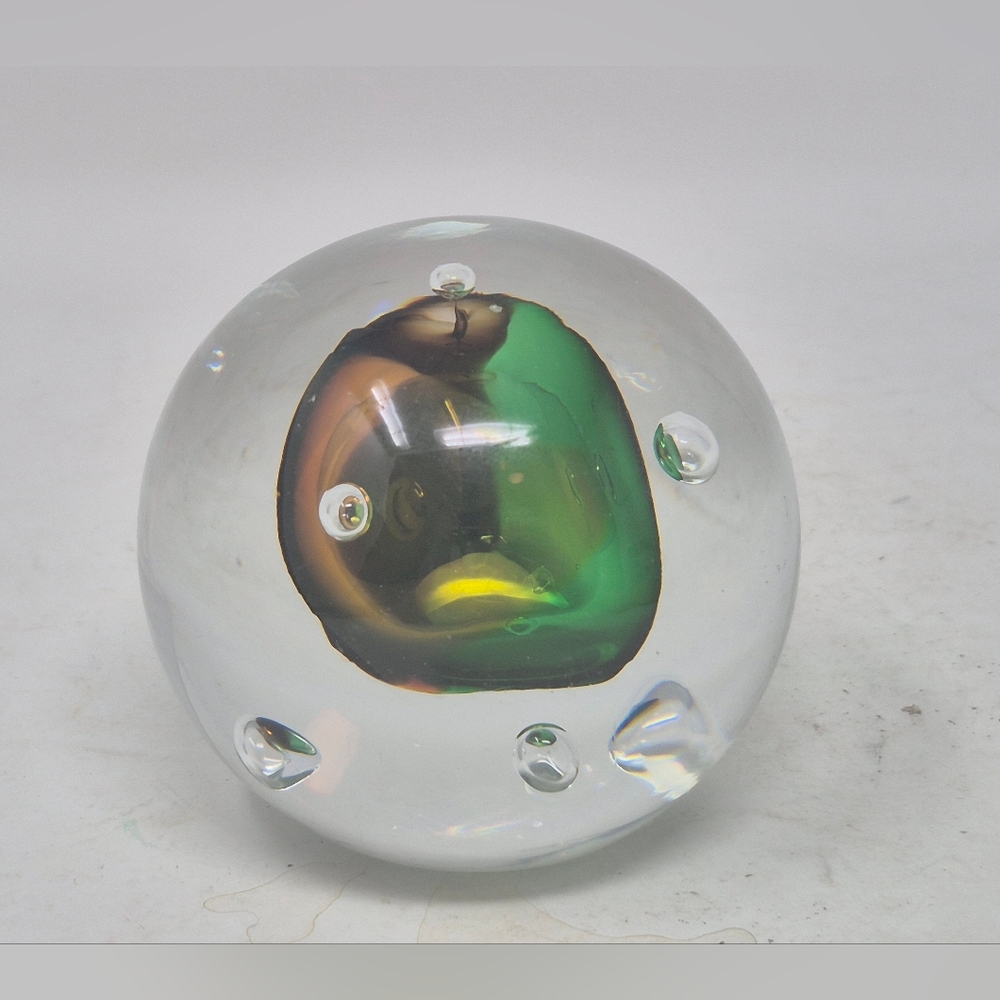 Clear Glass Paperweight With Green And Orange Irridecent Center - Picture 2 of 7